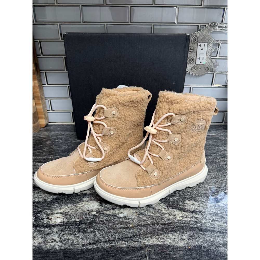 Sorel Explorer Cozy Youth Girl Boots Canoe Chalk Waterproof Faux Fur Sz 5